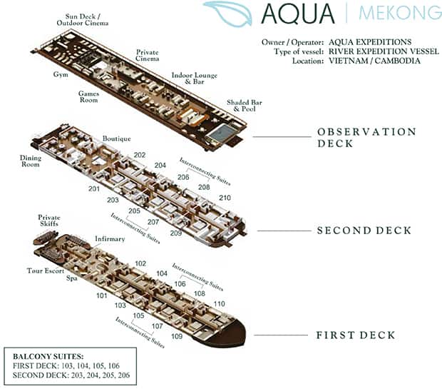 Deck plan aboard aqua mekong showing first, second, and observation deck.