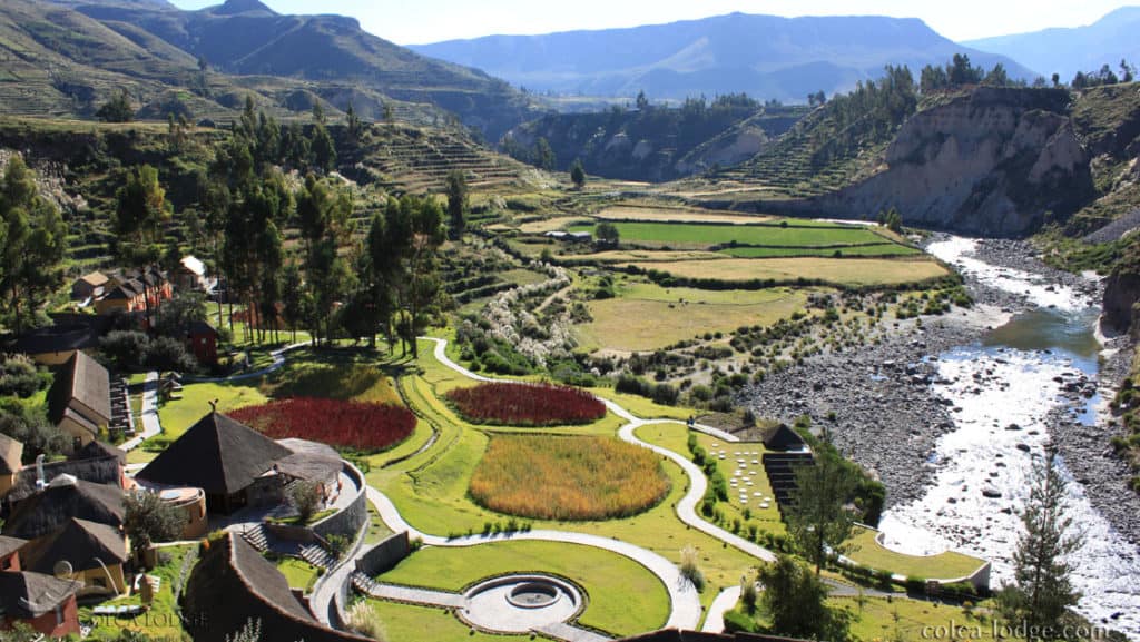 Exterior of the Colca Lodge on the banks of the Colca River, with pre-Inca agricultural terraces that have been declared a Peruvian cultural heritage area