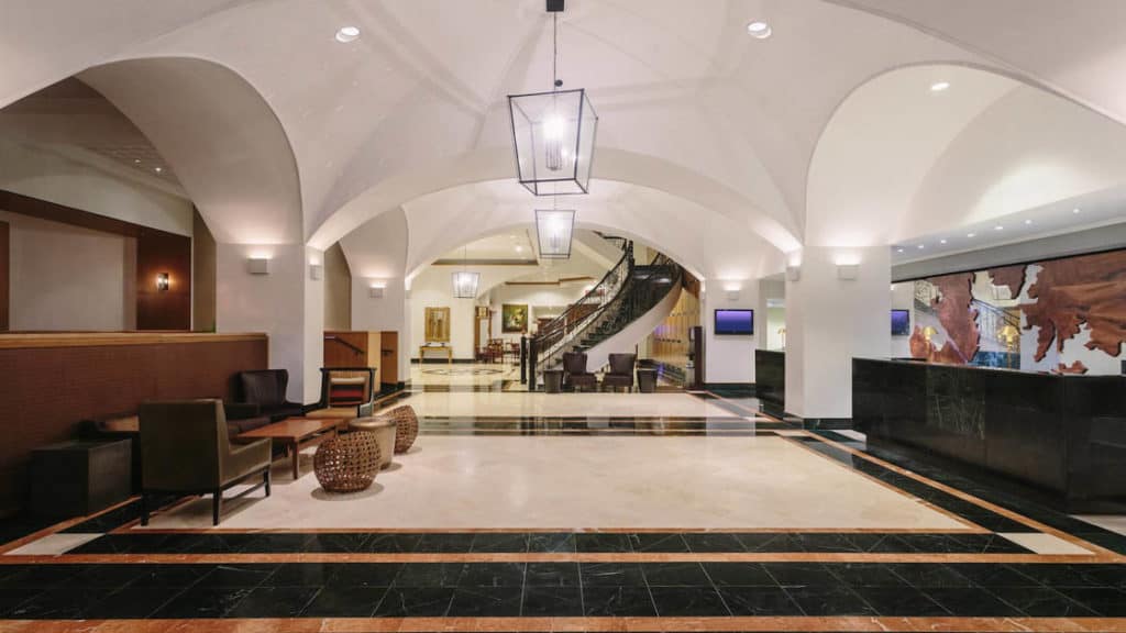 The lobby with arched ceilings and marble floors at the Marriott Hotel in Panama City.