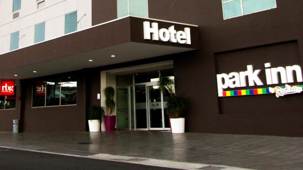 The front entrance to the Park Inn by Radisson, a 117-room hotel located three blocks from Paseo Colón, San Jose's main avenue, and just over a mile from the city center.