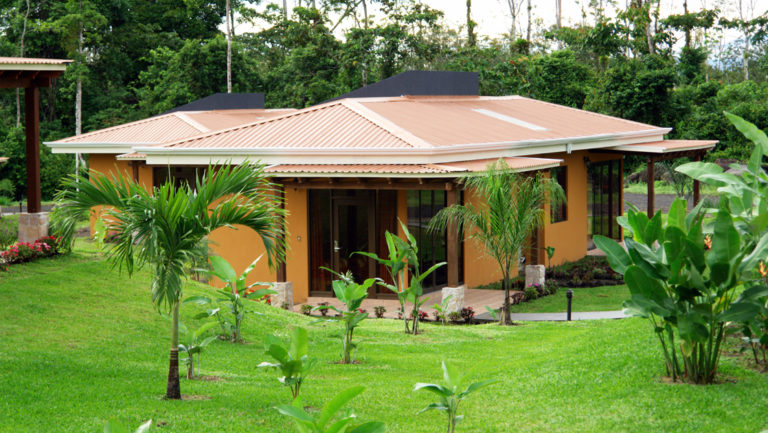 Landscaped gardens surround the Arenal Manoa Lodge's main building in Costa Rica