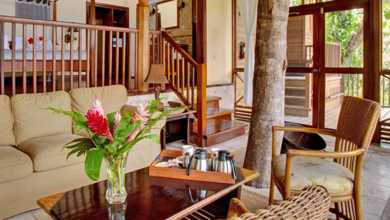 Fresh flowers and coffee on a small table surrounded by couches and chairs with a live tree growing in living room space of Caves Branch Jungle Lodge in Belize