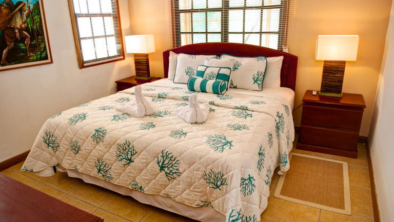 A room with large windows, a bedside table, and a queen bed at the beachfront Blackbird Caye Resort, in Belize.