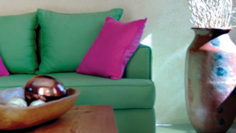 Green couch with purple pillows and coffee table near large potted plant in suite at Casa Natalia on the Baja Peninsula