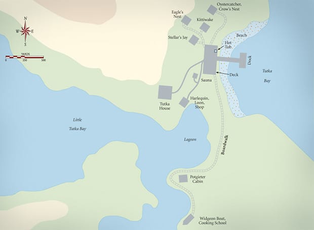 A map of the Tutka Bay Lodge, located at Kachemak Bay near Homer, Alaska