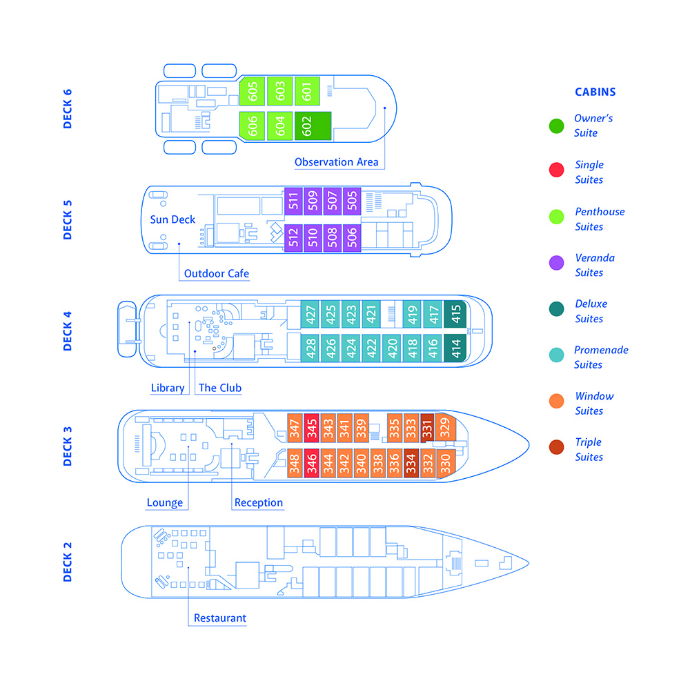 Deck plan of Hebridean Sky 21 Antarctica expedition ship, with 5 passenger decks.