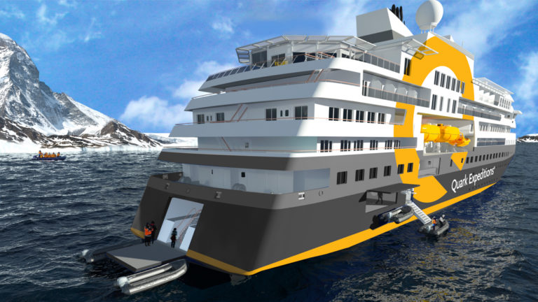 Rendering of exterior of Ultramarine expedition ship, showing aft platform on a sunny day..