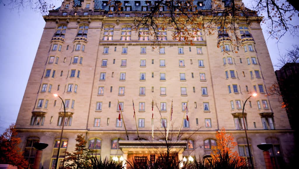 Dawn exterior of Fort Garry Hotel in Winnipeg, Canada.