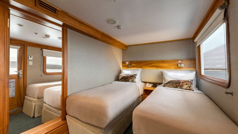 Junior Cabin with two beds, bedside table, large window and balcony aboard Coral I & Coral II yachts in the Galapagos Islands