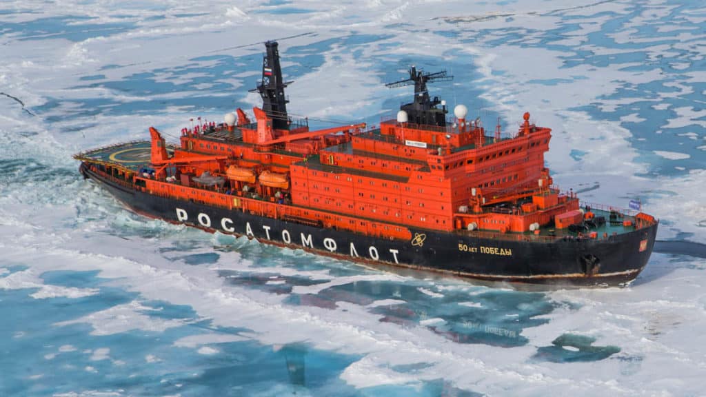 50 Years of Victory: Poseidon ship exterior sailing through ice in the Arctic.