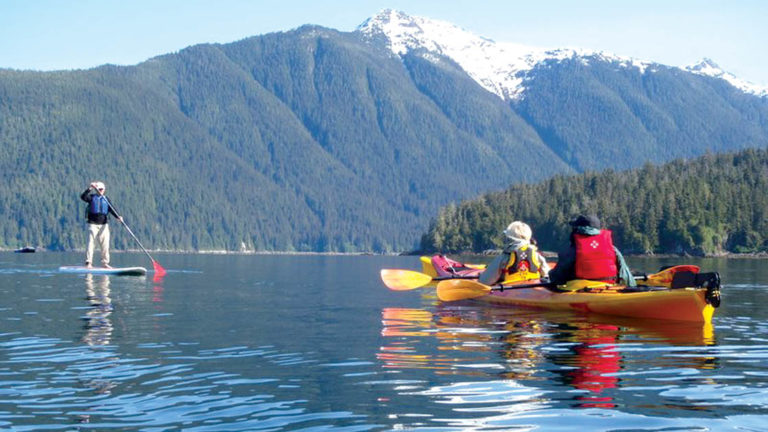 travelers kayaking and stand up paddleboarding during the glacier bay national park adventure cruise trip