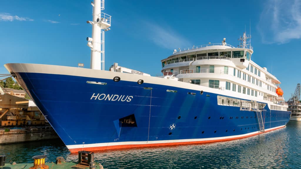 Hondius Expedition ship exterior at port.