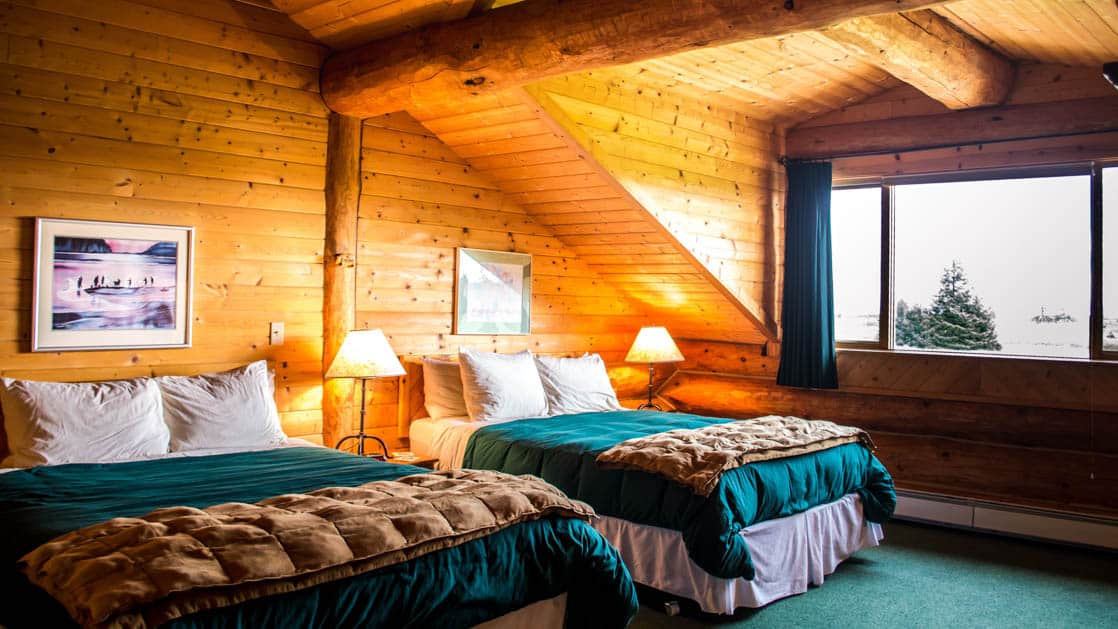 Two queen-sized beds with down comforters in a log room at the Bear Track Inn, located at Gustavus, Alaska