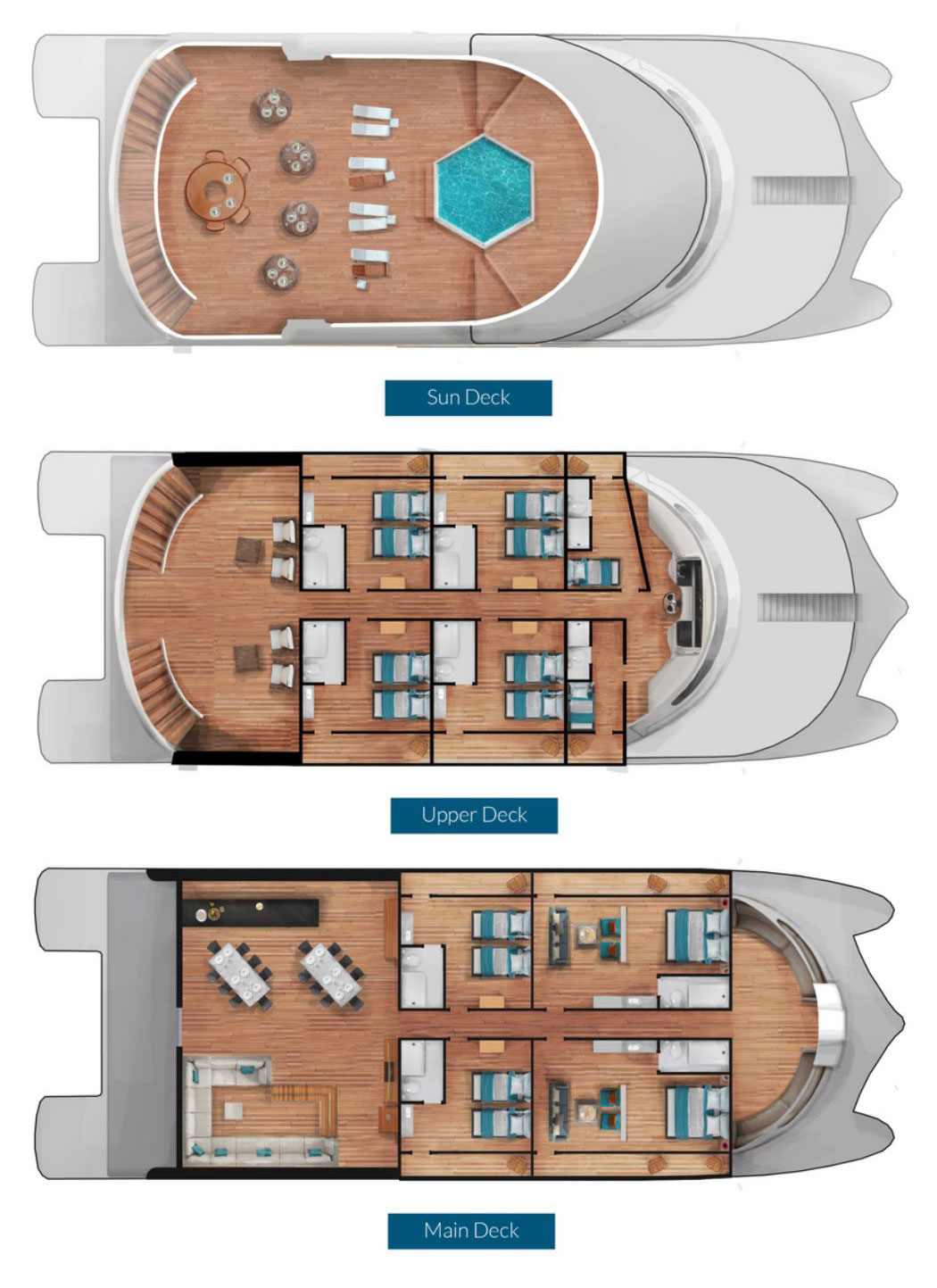 Deck plan of Petrel boat in Galapagos with 3 passenger decks, 2 double occupancy suites, 6 double occupancy cabins & 1 single occupancy cabin.