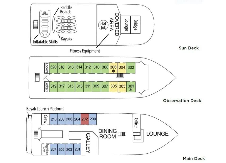 Deck plan for the 3 passenger decks aboard Wilderness Adventurer with color coded cabin categories.