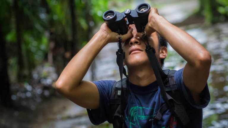 A person holds a pair of binoculars to look for wildlife and jungle birds at La Selva Amazon EcoLodge, a sustainable, luxury accommodation in Ecuador