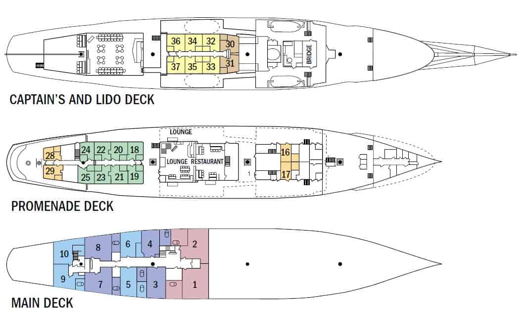 Lindblad Sea Cloud luxury yacht deck plan with 3 renderings