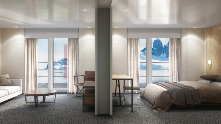 Rendering of Grand Suite with king bed, 2 private balconies and separate sitting area aboard Magellan Explorer Antarctica expedition ship