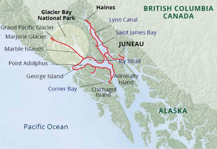 Route map of Glacier Bay National Park & Haines Adventure Cruise, operating round-trip from Juneau, Alaska, with visits to Lynn Canal, Saint James Bay, Chichagof Island, Icy Strait, Point Adolphus & George Island.