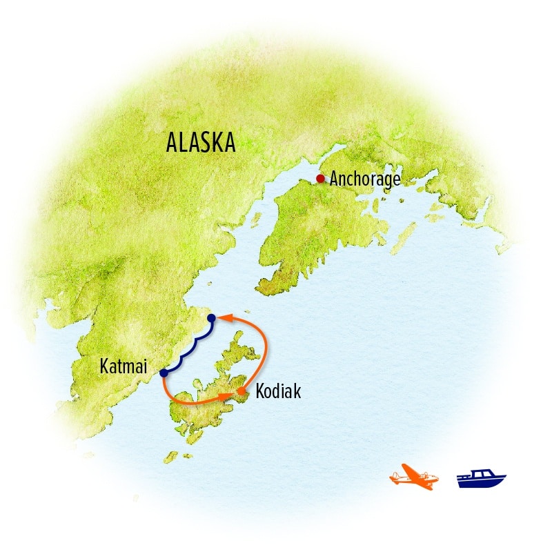 The Great Alaskan Grizzly Encounter route map from Kodiak to Katmai National Park.
