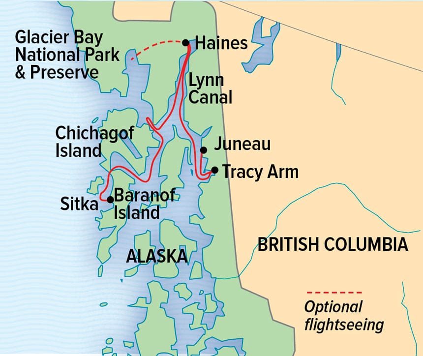 Route map of Wild Alaska Escape: Sitka to Juneau small ship cruise, with visits to Haines, Tracy Arm, Glacier Bay National Park & more.