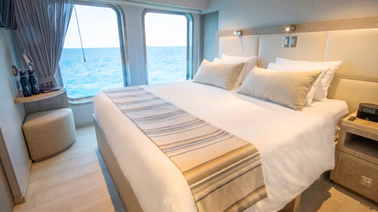 theory luxury small ship cabin with king bed and large window looking out at the ocean