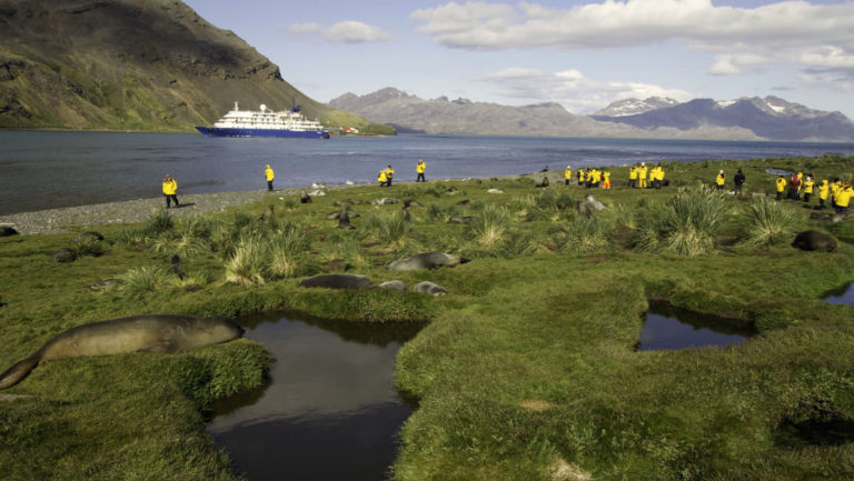 a group of adventure travelers walk on a grassy knoll back to the ocean adventurer on the three arctic islands iceland, greenland, spitsbergen small ship cruise