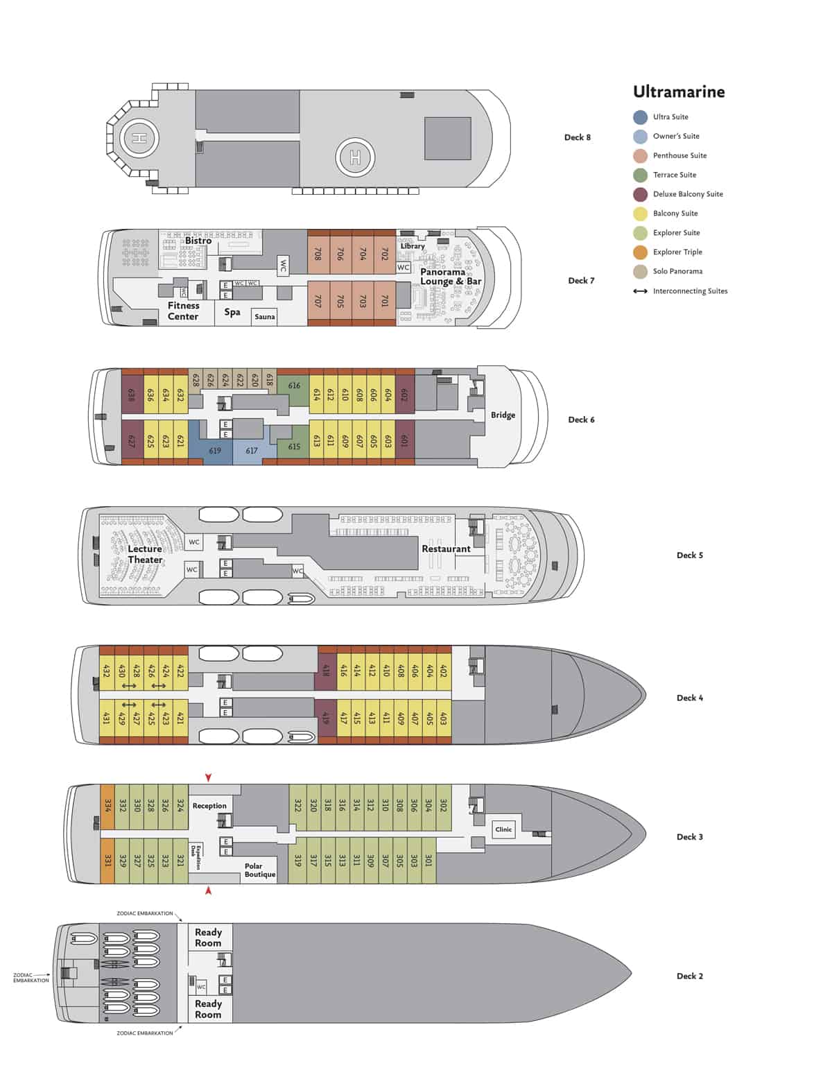 Deck plan of Ultramarine polar vessel showing 103 cabins & 7 decks.