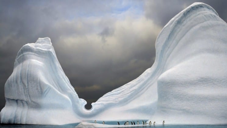 Twin icebergs rise out of the ocean with a grey sky in the background in antarctica
