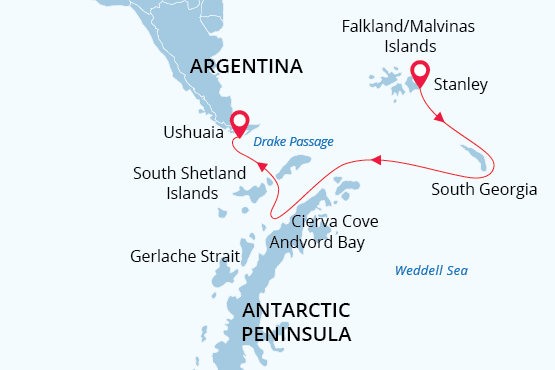 Antarctic Wildlife Adventure cruise route map showing the route marked in red from flying to the Falkland Islands back to Ushuaia.