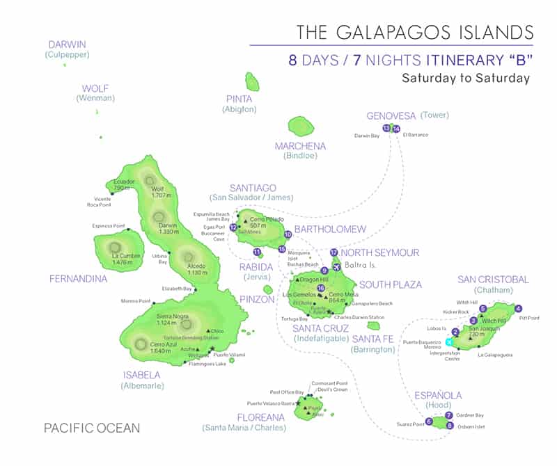 Galapagos cruise route map showing visits to San Cristobal, Espanola, Bartolome, Rabida, Santiago, Genovesa, Mosquera, Santa Cruz, North Seymour and Baltra islands.