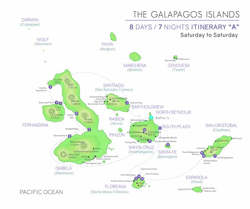 Galapagos cruise route map showing visits to Baltra, Santiago, Isabela, Fernandina, Santa Cruz, Santa Fe, South Plaza, Floreana and San Cristobal islands.