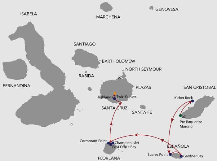 Galapagos cruise route map showing visits to San Cristobal, Santa Cruz, Espanola and Floreana islands.