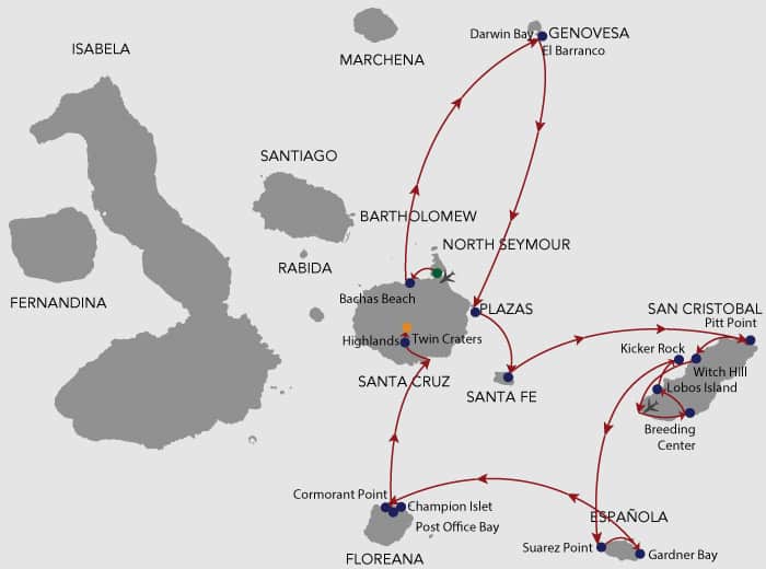 Galapagos cruise route map showing visits to Baltra, Santa Cruz, Genovesa, South Plaza, Santa Fe, San Cristobal, Espanola and Floreana islands.