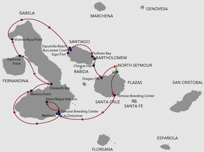 Galapagos cruise route map showing visits to Santa Cruz, Baltra, Isabela, Fernandina, Santiago, Bartolome and North Seymour islands. 