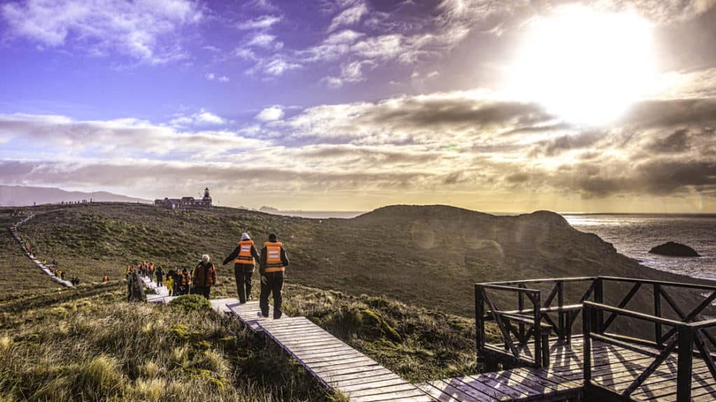 group of travelers walk down a wooden path with grass on all sides toward a building in the distance that is sitting on a ridge overlooking the ocean in patagonia
