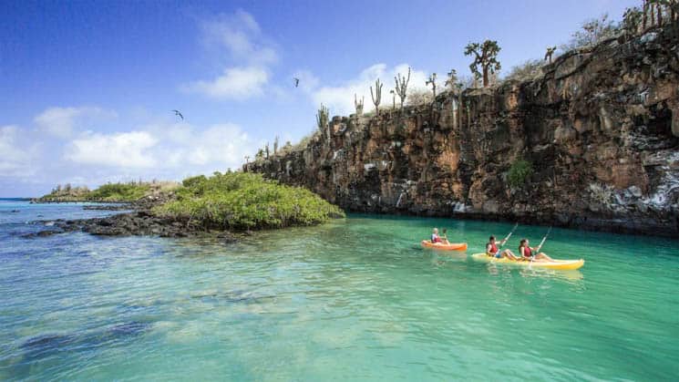 galapagos travelers in kayaks cruise on turquoise water next to a sheer cliff on a sunny day