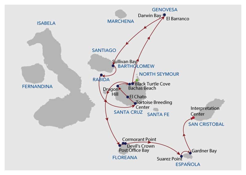 Galapagos cruise route map with visits to Baltra, Santa Cruz, Genovesa, Santiago, Rabida, Floreana, Espanola and San Cristobal islands.