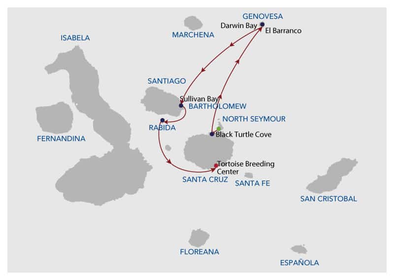 Galapagos cruise route map showing visits to Baltra, Santa Cruz, Genovesa, Santiago, Rabida and Santa Cruz islands.