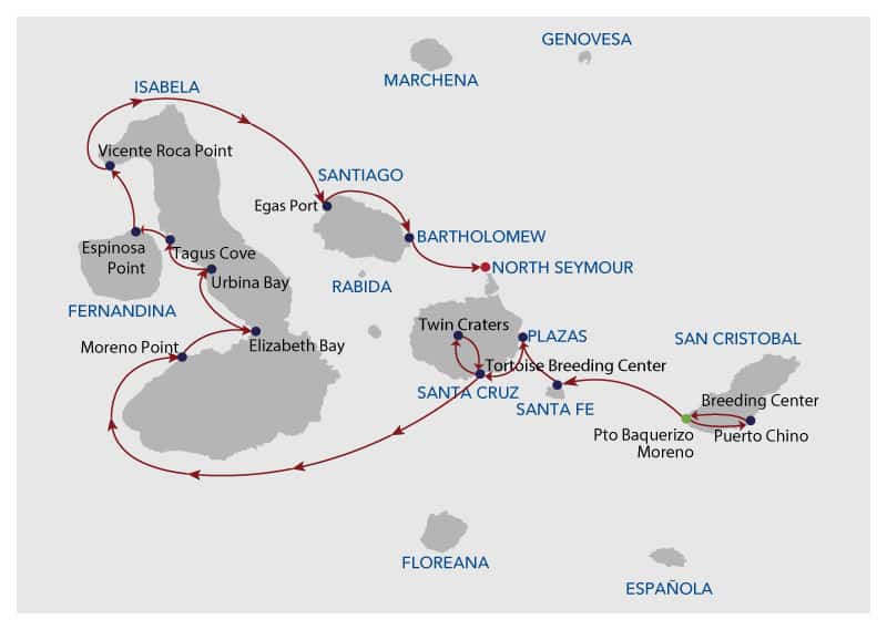 Galapagos cruise route map showing visits to San Cristobal, Santa Fe, South Plaza, Santa Cruz, Isabela, Fernandina, Santiago, Bartolome, North Seymour and Baltra islands.