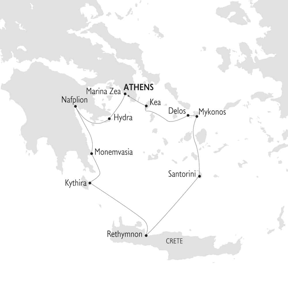 Classical Greece route map from Athens, Greece.