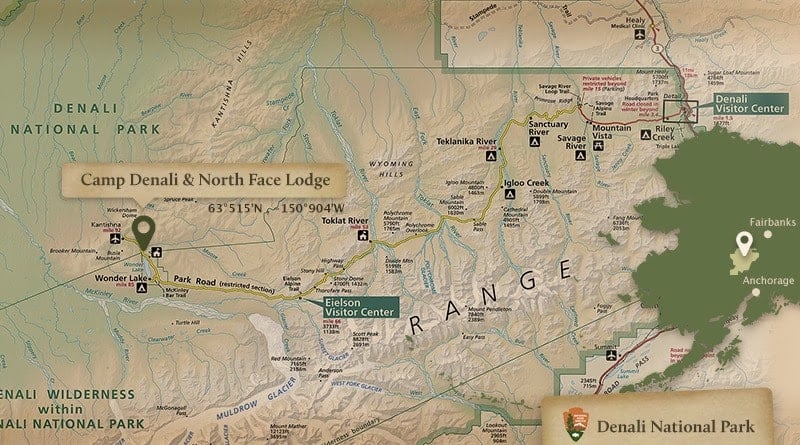 Map showing placement of Camp Denali within Denali National Park, Alaska.