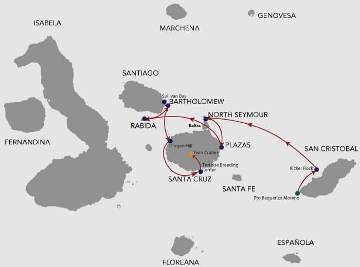 Galapagos cruise route map showing visits to San Cristobal, North Seymour, Santa Fe, Santa Cruz, Bartolome, Santiago and South Plaza Islands.
