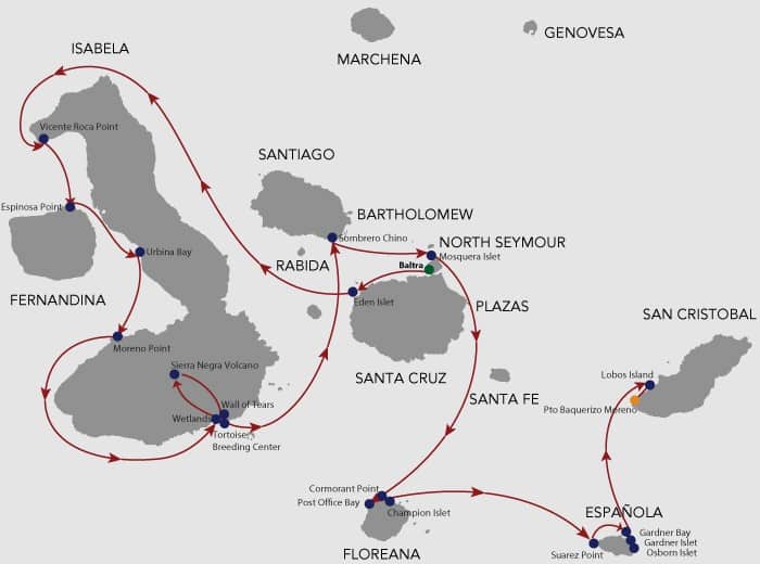 Galapagos cruise route map showing visits to Santa Cruz, Isabela, Fernandina, Chinese Hat, Mosquera, Floreana, Española and San Cristobal islands.