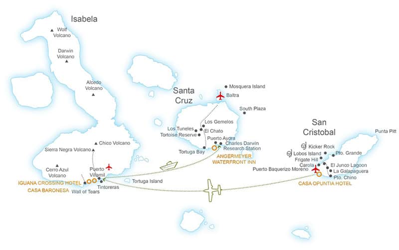 Route map of 8- 7- and 5-day Galapagos Island Hopper land tours, operating between San Cristobal and Baltra Islands, with additional visits to Santa Cruz, Isabela and either South Plaza, North Seymour or Bartolome Island.