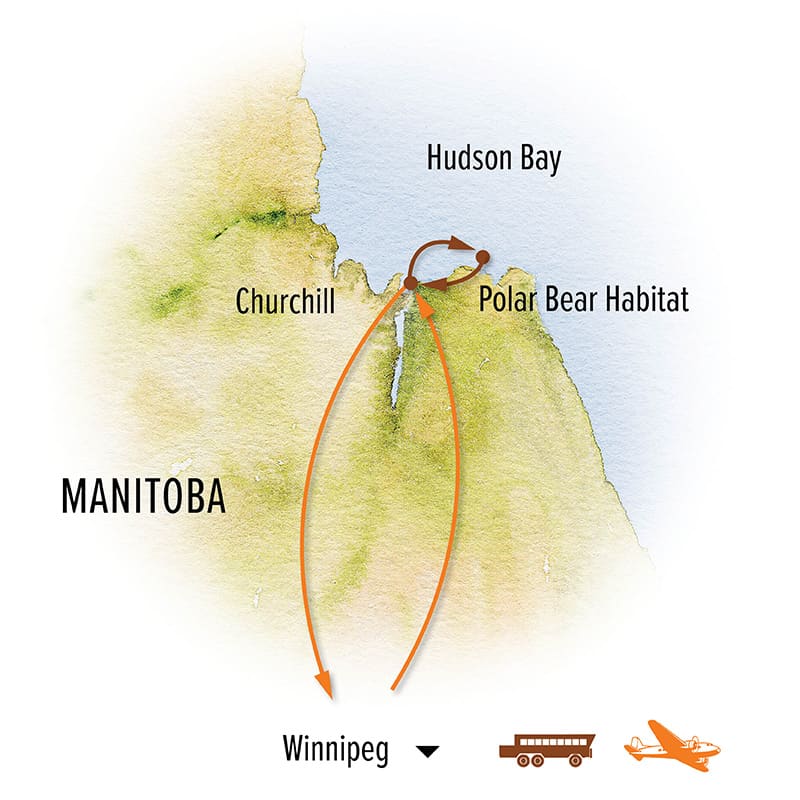 Route map of 6- & 7-day Classic Polar Bear & Tundra Lodge Adventures, including photo departures, operating round-trip from Winnipeg, Manitoba, Canada, with visits to polar bear habitat near Churchill and Hudson Bay.