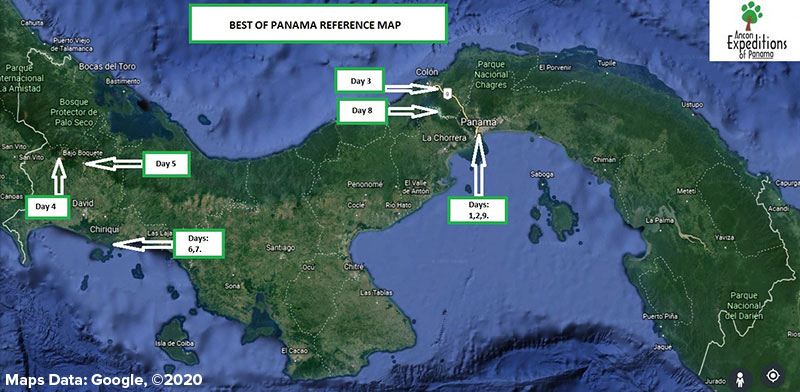 Route map of the Best of Panama land tour, operating round-trip from Panama City, with visits to the Panama Canal, Agua Clara Locks, Chiriqui Highlands, Finca Ceriana, Boquete & Gulf of Chiriqui National Marine Park.