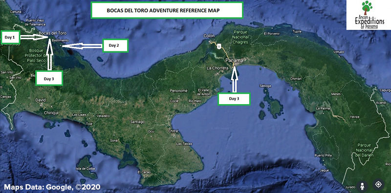 Route map of Bocas del Toro Adventure land tour trip extension, operating round-trip from Panama City, with visits to Bocas del Drago & Bastimentos Marine National Park.