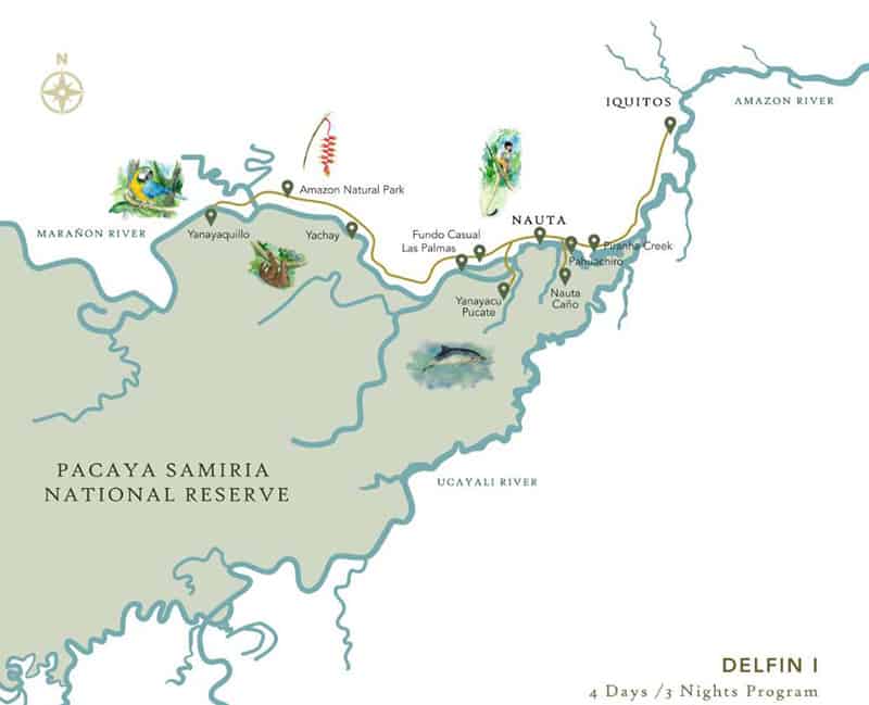 Route map of Delfin I 4-Day Amazon River Cruise, operating round-trip from Iquitos, Peru, with stops at Pahuachiro, Nauta Cano, Las Palmas, Yanayacu Pucate, Amazon Natural Park, Yachay, Yanayaquillo, Piranha Creek & the Rescue & Rehabilitation Center of River Mammals.