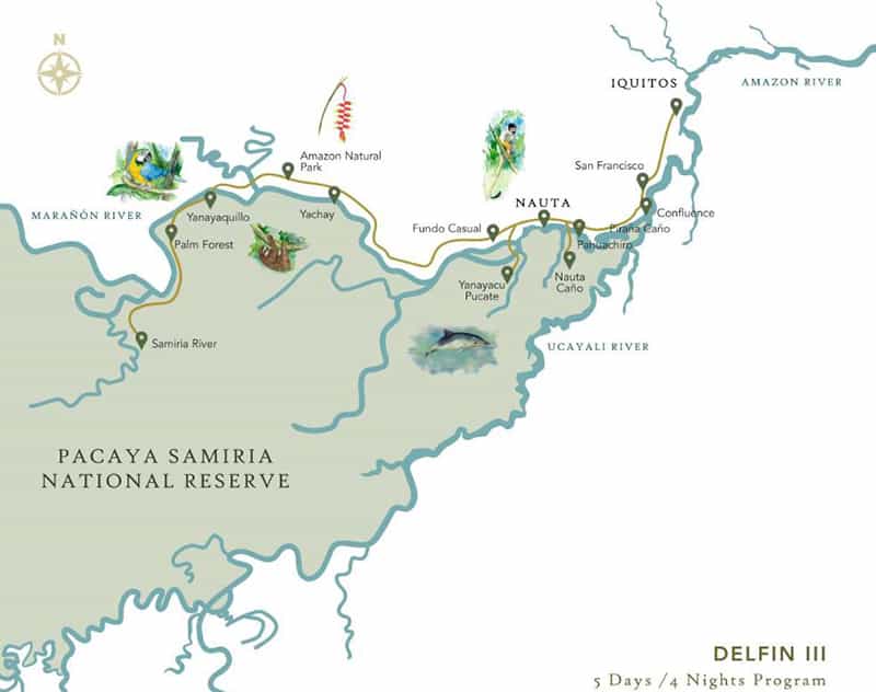 Route map of 5-Day Low-Water Delfin III Amazon River Cruise, operating round-trip from Iquitos, Peru, with visits to Pahuachiro, Nauta Cano, Fundo Casual, Yanayacu Pucate, Yachay, Amazon Natural Park, Palm Forest, the Samiria River, Amazon Confluence, San Francisco, Piranha Creek & the Rescue & Rehabilitation Center of River Mammals.